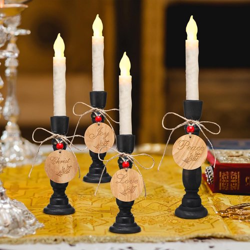Cinnvoice Christmas Candle Holders Set - Rustic Wood Table Centerpiece | 8.26'' & 7'' with Peace, Love, Hope, Joy Tags