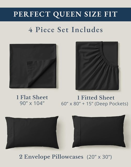 **LANE LINEN 100% Organic Cotton Queen Size Sheet Set - Naturally Cooling Percale Weave, Deep Pocket, Black**