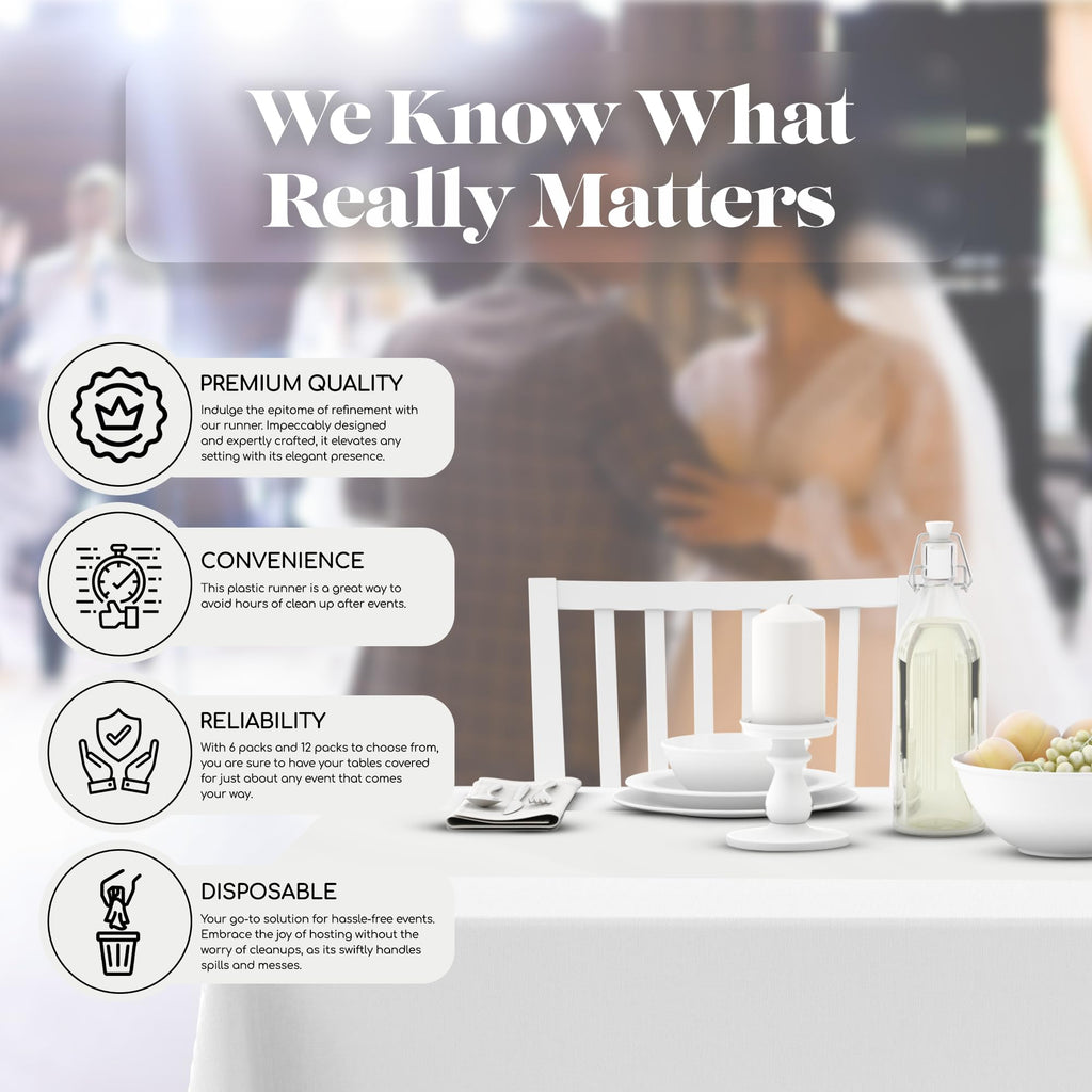 White 12 Pack Premium Disposable Plastic Table Runner 14 x 108 Inch. Table Runner for Dinner Parties & Events by Grandipity