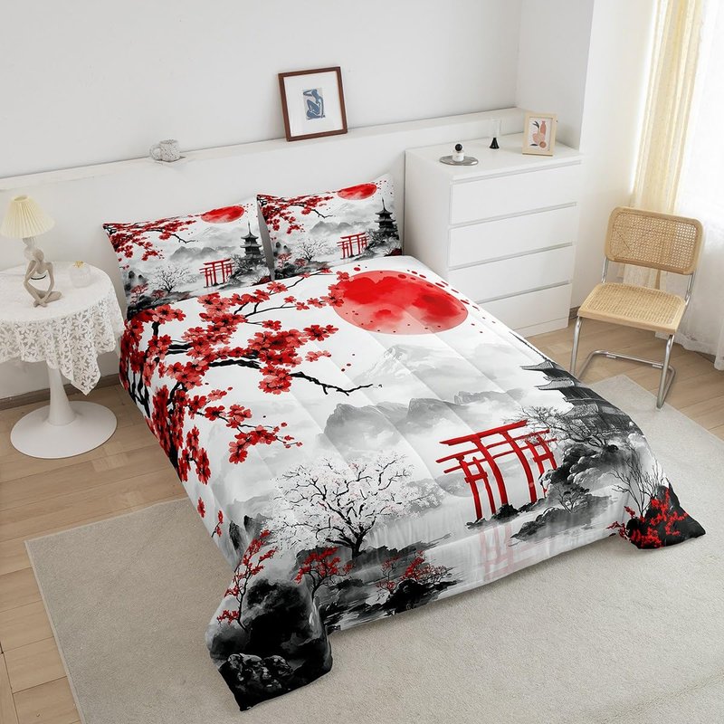 Feelyou Japanese Style Comforter Set Twin Size Kids Red Cherry Blossoms Bedding Set for Boys Girls Teens Mount Fuji Torii Comforter Breathable Ink Painting Duvet Set Sunset Quilt Set