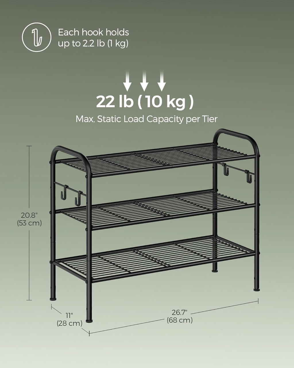 SONGMICS 3-Tier Shoe Rack - Height-Adjustable Metal Organizer with 4 Hooks | Holds 12 Pairs, Ink Black