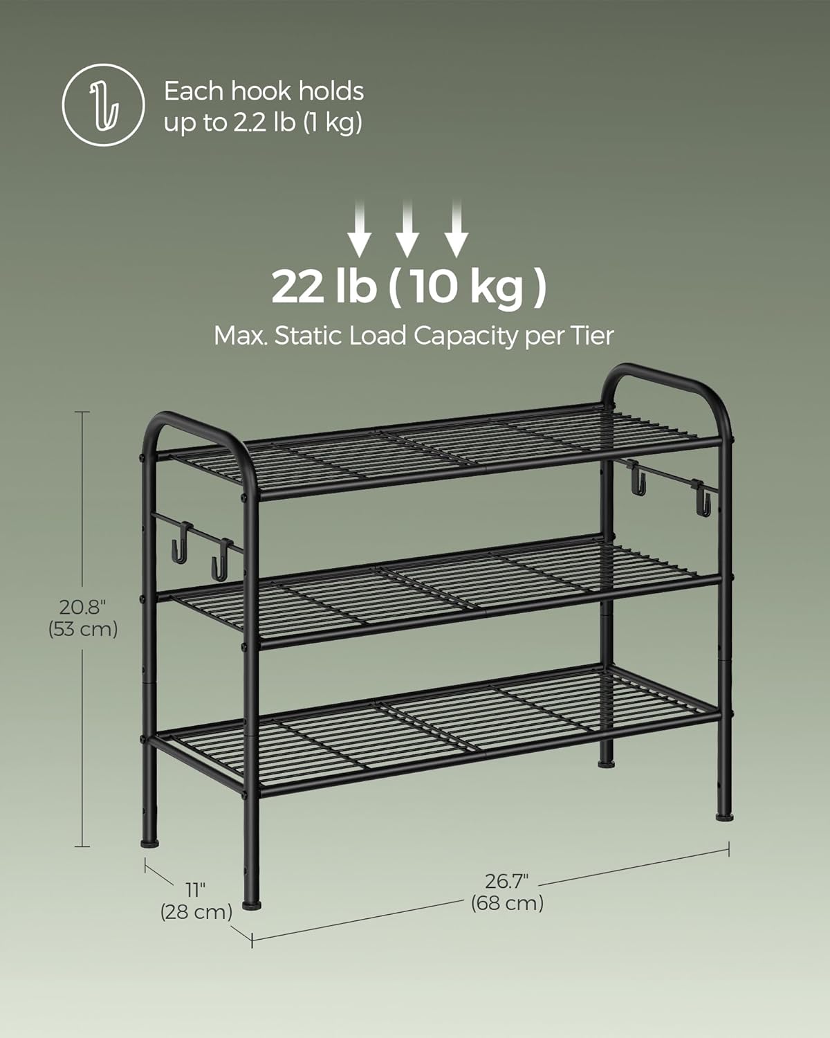 SONGMICS 3-Tier Shoe Rack - Height-Adjustable Metal Organizer with 4 Hooks | Holds 12 Pairs, Ink Black