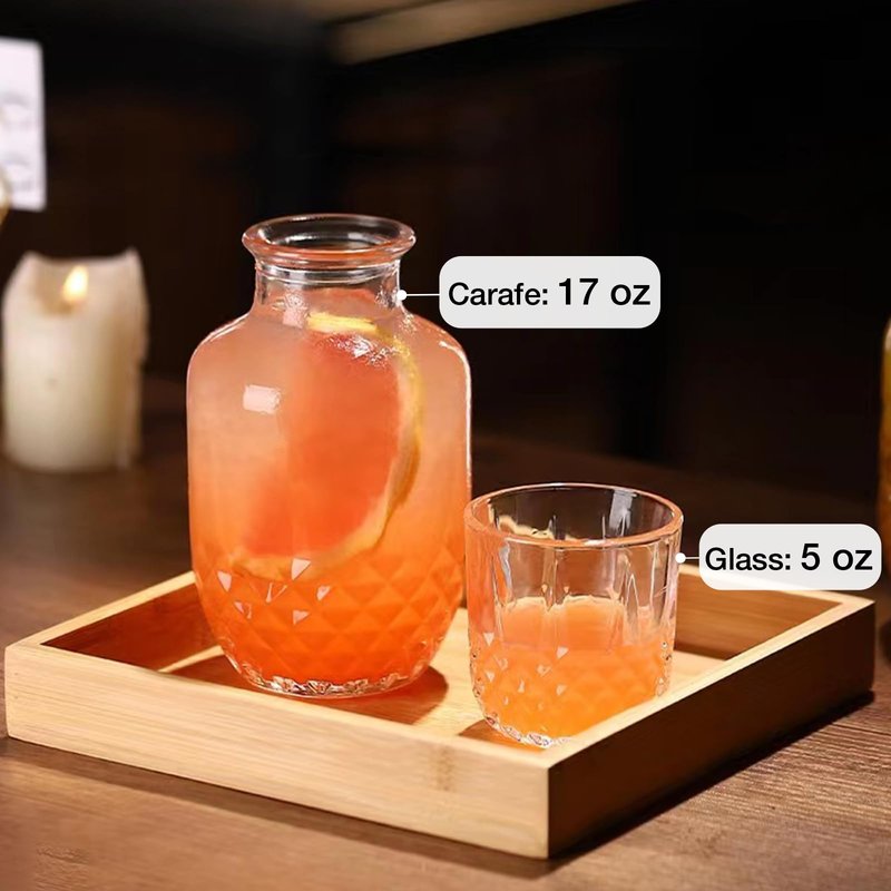 Bedside Water Carafe and Glass Set, Mfacoy 17 OZ Glasses Pitcher & 5 OZ Cup, Bedside Night Carafe Pitchers and Water Glass Tumbler Set, Vintage Glass Water Pitcher with Cup Set for Bedroom