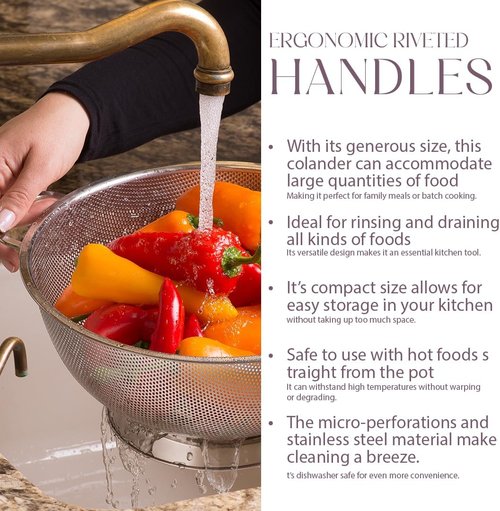 Bellemain Colander - 5 Qt Stainless Steel Strainer with Handle for Pasta, Vegetables & More