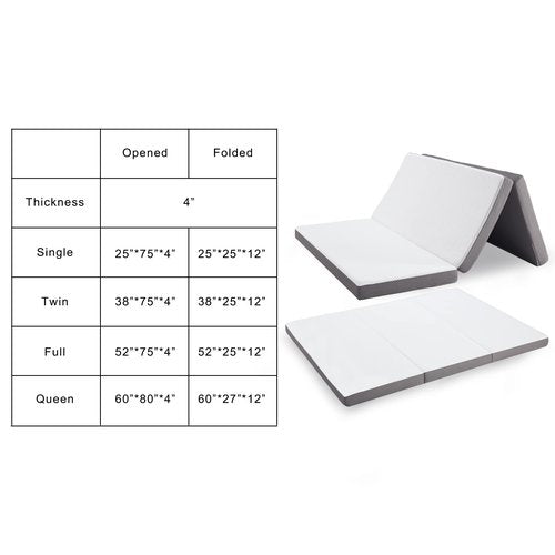Kingfun Foldable Mattress 4 Inch Folding Mattress Tri-fold Gel Memory Foam Breathable with Storage Bag, Portable Floor Guest Bed Soft for Sleeping Camping, Gray, Single Size