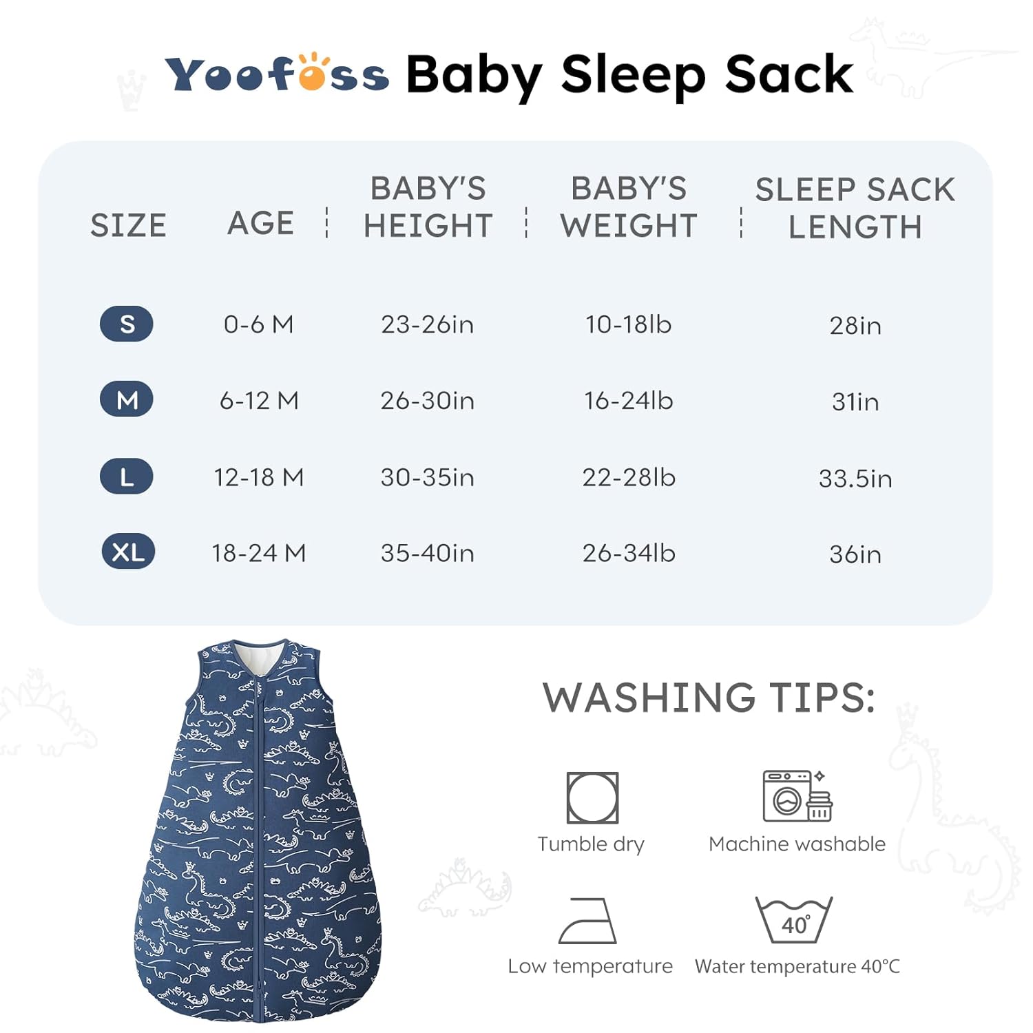 Yoofoss Baby Sleep Sack - 100% Organic Cotton Wearable Blanket for 12-18 Months | TOG 2.5, 2-Way Zipper