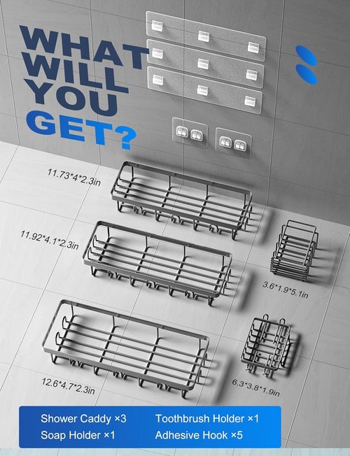 GVY Shower Caddy - 5 Pack Adhesive Bathroom Organizer Shelves | Rustproof No-Drill Storage Solutions