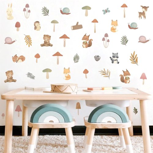 Kazova Woodland Animals Wall Stickers 93 Pcs 3 Sheets Cute Mushroom Forest Decals Peel and Stick for Kids Room Nursery Bedroom Playroom Decor