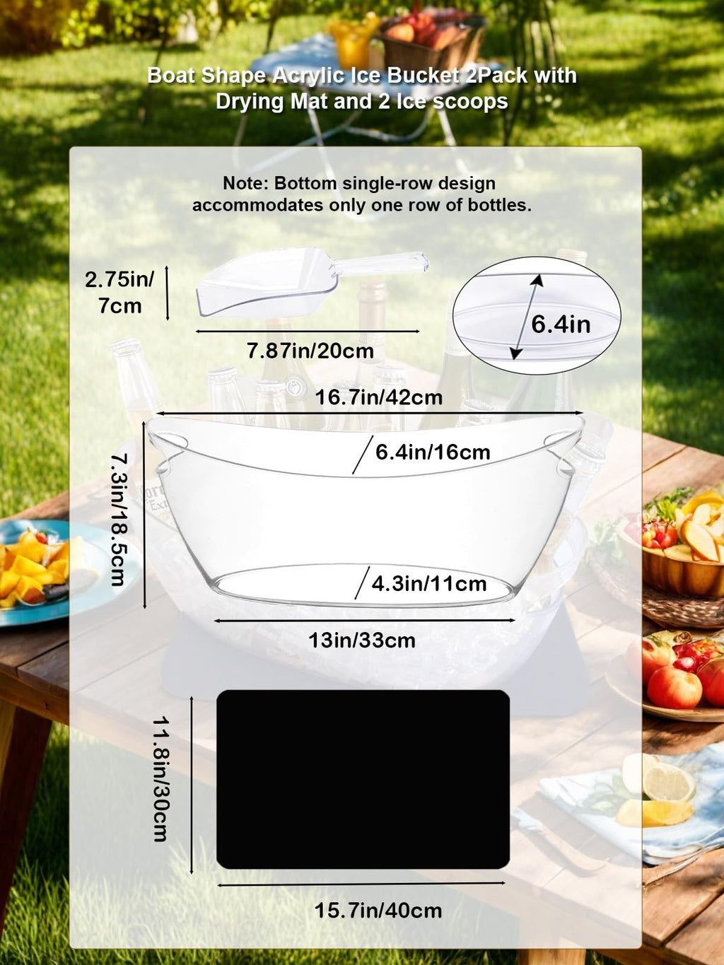 SIUPER 5.5L 16.7x6.4x7.3in Ice Bucket 1PCS with Drying Mat & Scoop for Parties, Mimosa Bar Supplies Beverage Tub for Champagne Beer Sparkling Wine, Acrylic Drink Cooler/Holder Food Grade Boat Shape