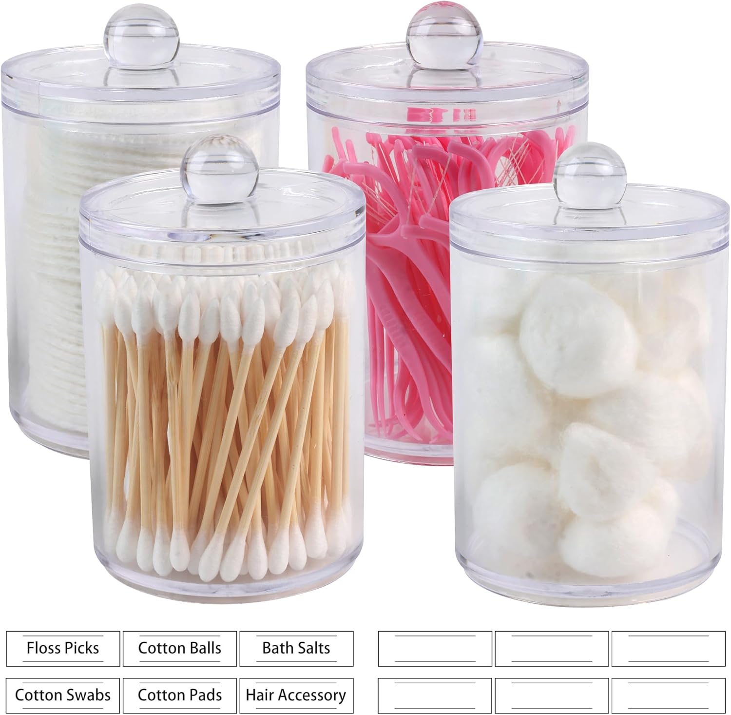 Skiennix Acrylic Qtip Holder Dispenser Set - 4 Pack Canisters for Makeup & Bathroom Organization | 10 & 12 oz