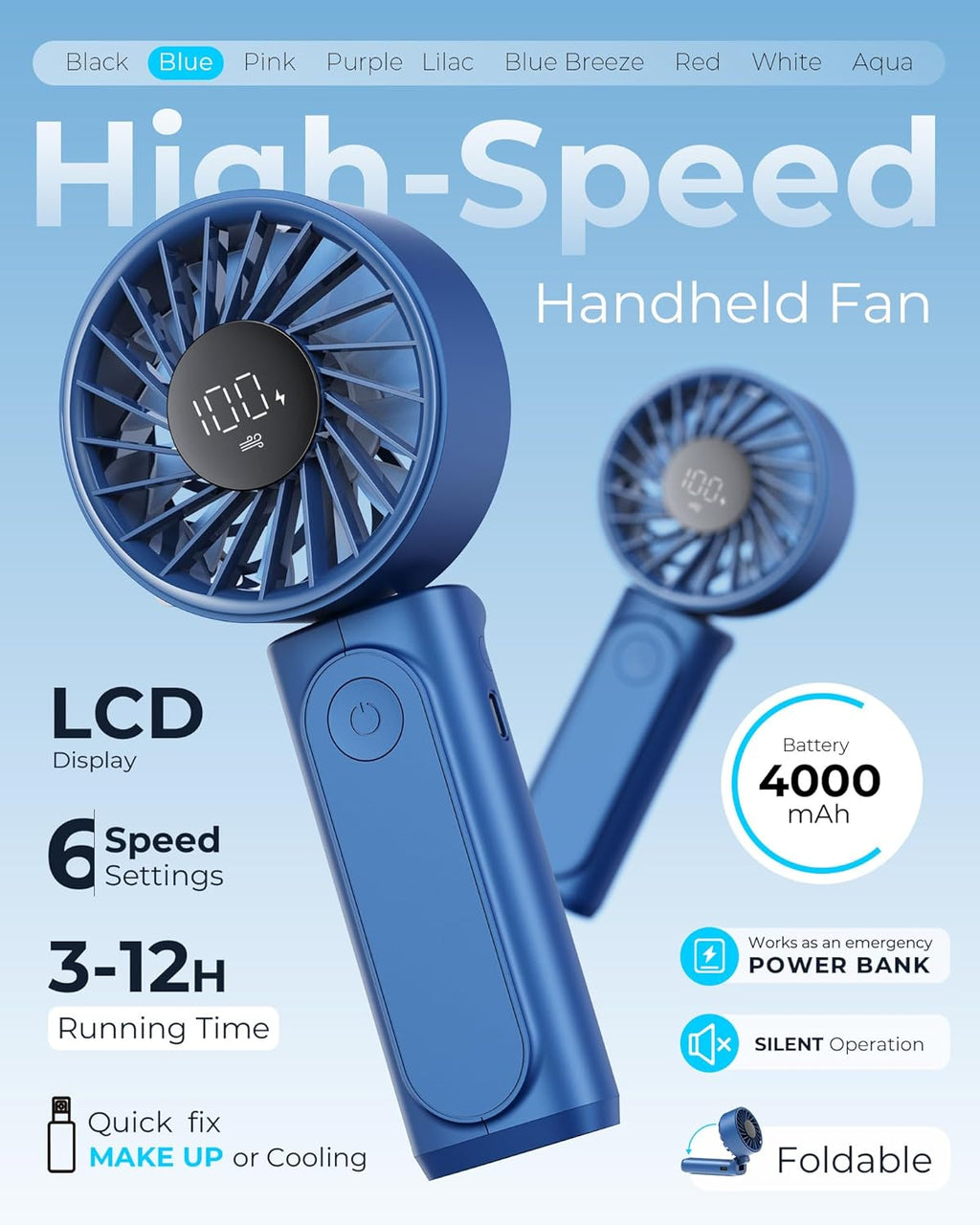 Skiennix Handheld Fan - Portable 4000mAh Rechargeable Mini Desk Fan | 180° Foldable, 6 Speed, Ultra Quiet