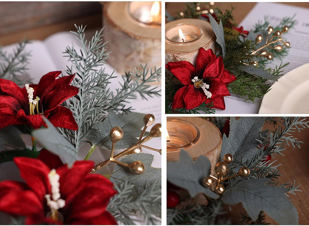 Regine Switzerland Christmas Candle Rings - Festive Pine Needles & Berry Red Flowers | Winter Table Centerpiece Decor