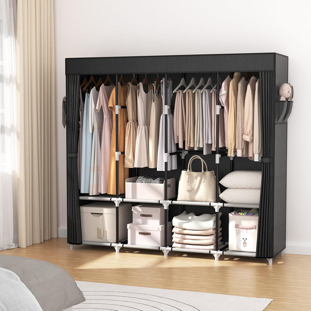 VTRIN Portable Closet - 67-Inch Wide Wardrobe with Cover, 4 Shelves & Hanging Rods - Sturdy Black Design
