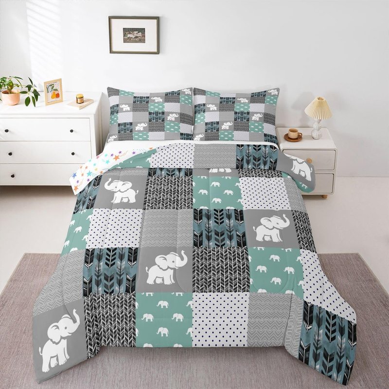 Feelyou Cute Elephant Comforter Boho Buffalo Check Plaid Bedding Set for Boys Girls Women Men Famhouse Geometric Comforter Set Teal Gray Bohemian Arrow Room Decor Twin Size Quilt 2Pcs Boys