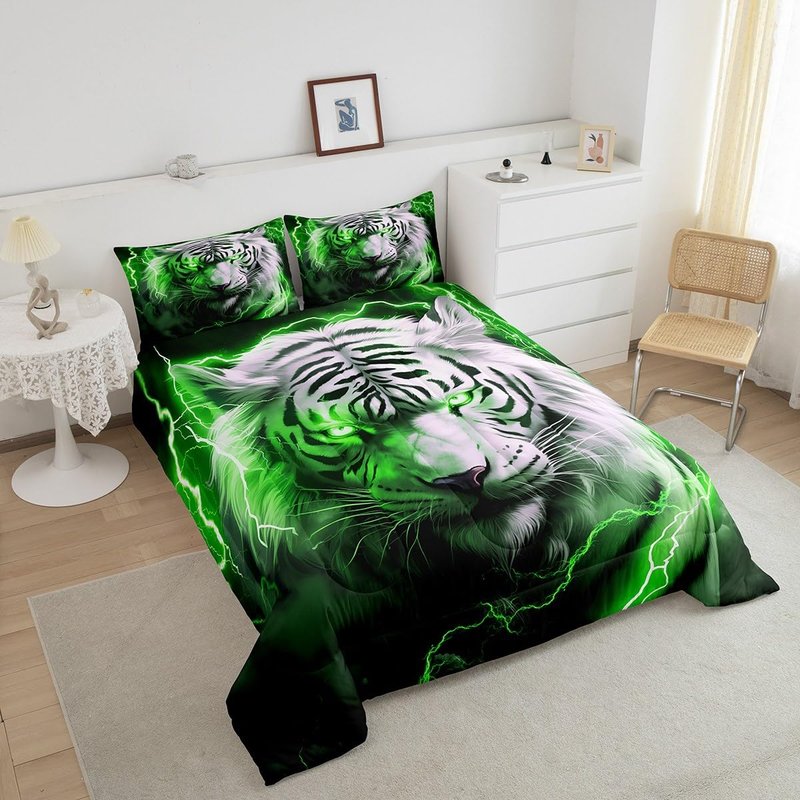 Castle Fairy 3D Tiger Comforter Set Queen Size,Neon Green Lightning Bedding Set White Black Tiger Wild Animals Quilt Set 3Pcs for Kids Boys Teens Adult Room Decor, Duvet Insert,2 Pillowcases