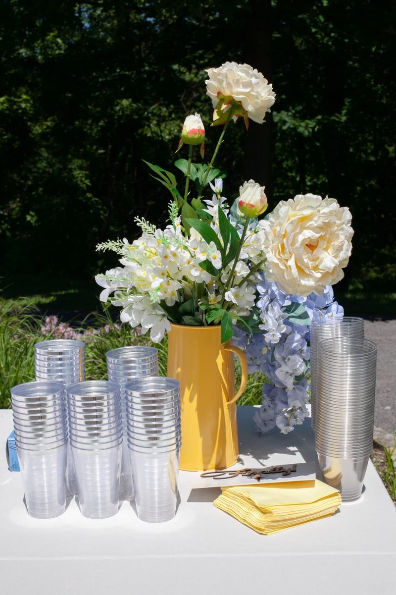 Oojami 12oz Hard Plastic Party Cups – Perfect for Home, Office, Bars, Weddings, Showers, Birthdays, Anniversaries, and Parties! Durable & Stylish Old Fashioned Tumblers (Silver Rim, 100 Pack)