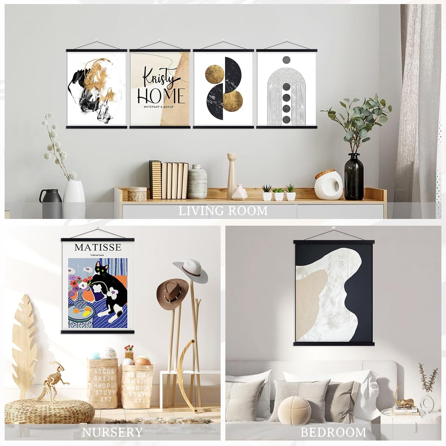 Benjia Magnetic Light Wood Poster Frame Set - 4 Pack for 12x16, 12x18, 12x24 Art Prints | Black