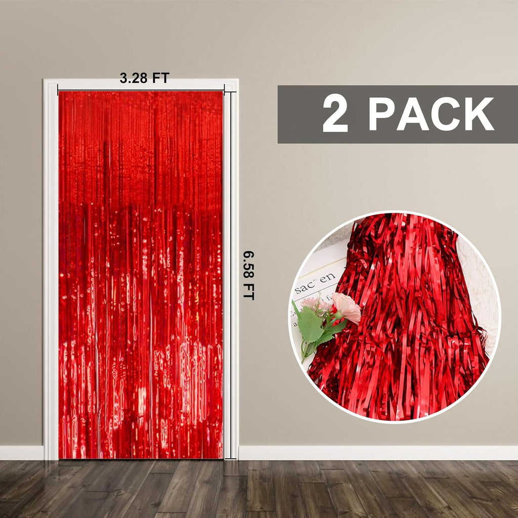 Red Metallic Tinsel Foil Curtains by [Brand Name] - 2 Pack Photo Booth Backdrop for Parties & Celebrations