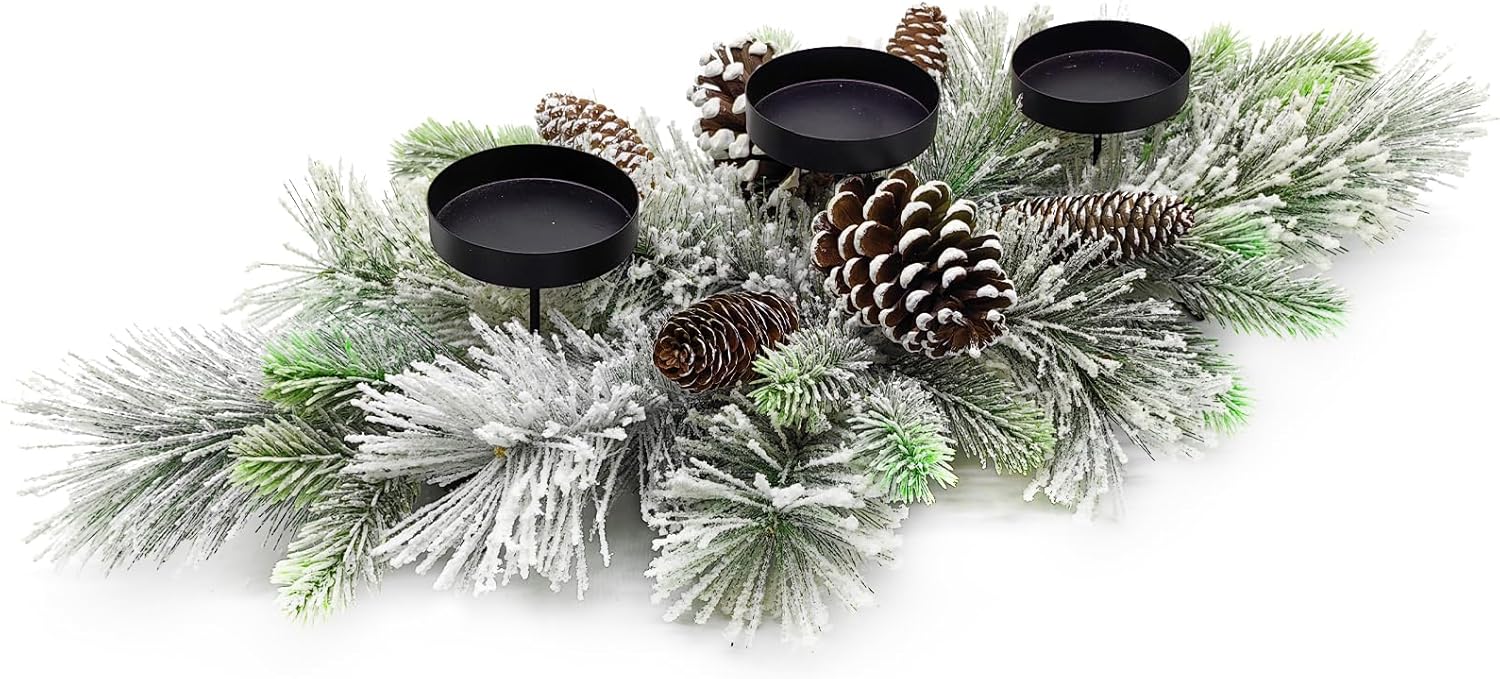 Regine Switzerland Christmas Table Centerpiece - 27.5 Inch Flocked Pine Needles & Frosted Pine Cones | Snowy Design