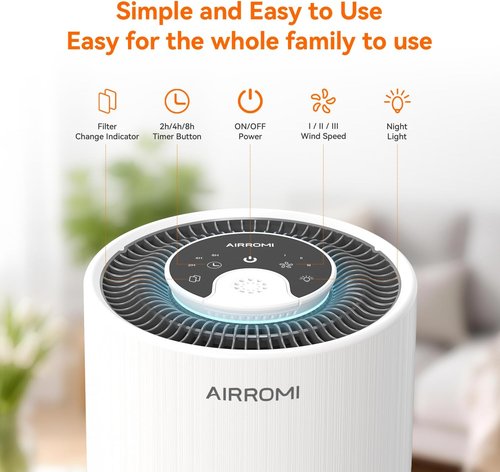 AIRROMI Air Purifier - HEPA 3-in-1 Filter for Pets & Allergies | Covers Up to 990 Ft², Quiet 360° Design, White