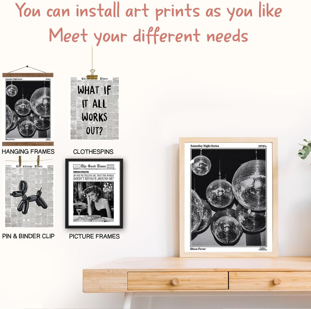 NaZaUK Funky Retro Y2K Wall Art - Black & White Newspaper Prints Set of 4 for Trendy Bedroom Decor | 8x10 Unframed