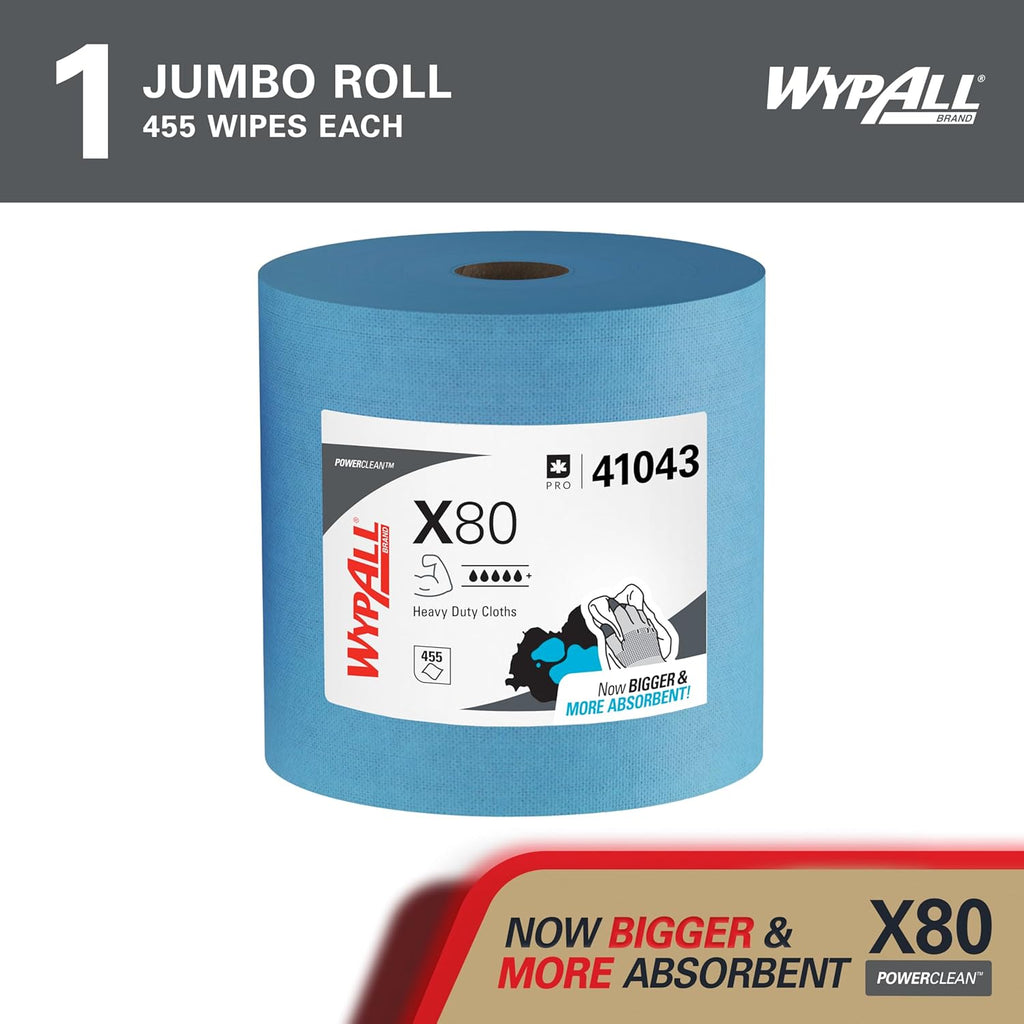 WypAll PowerClean X80 Heavy Duty Wipes - Jumbo Blue Towels | 455 Sheets for Extended Use