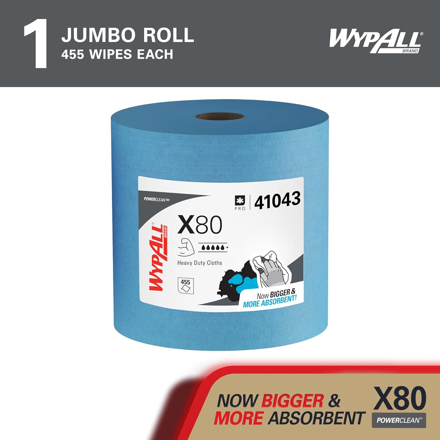 WypAll PowerClean X80 Heavy Duty Wipes - Jumbo Blue Towels | 455 Sheets for Extended Use