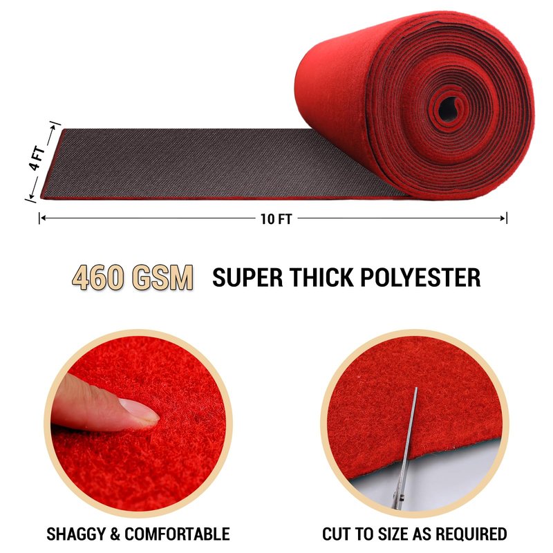 Extra Thick Red Carpet Runner for Party Felt Non-Slip Rubber Backed Aisle Runway Rug for Step, Proposal & Wedding Decorations, Hollywood Oscars Runway，Reusable (Red, 4 X 10 FT)