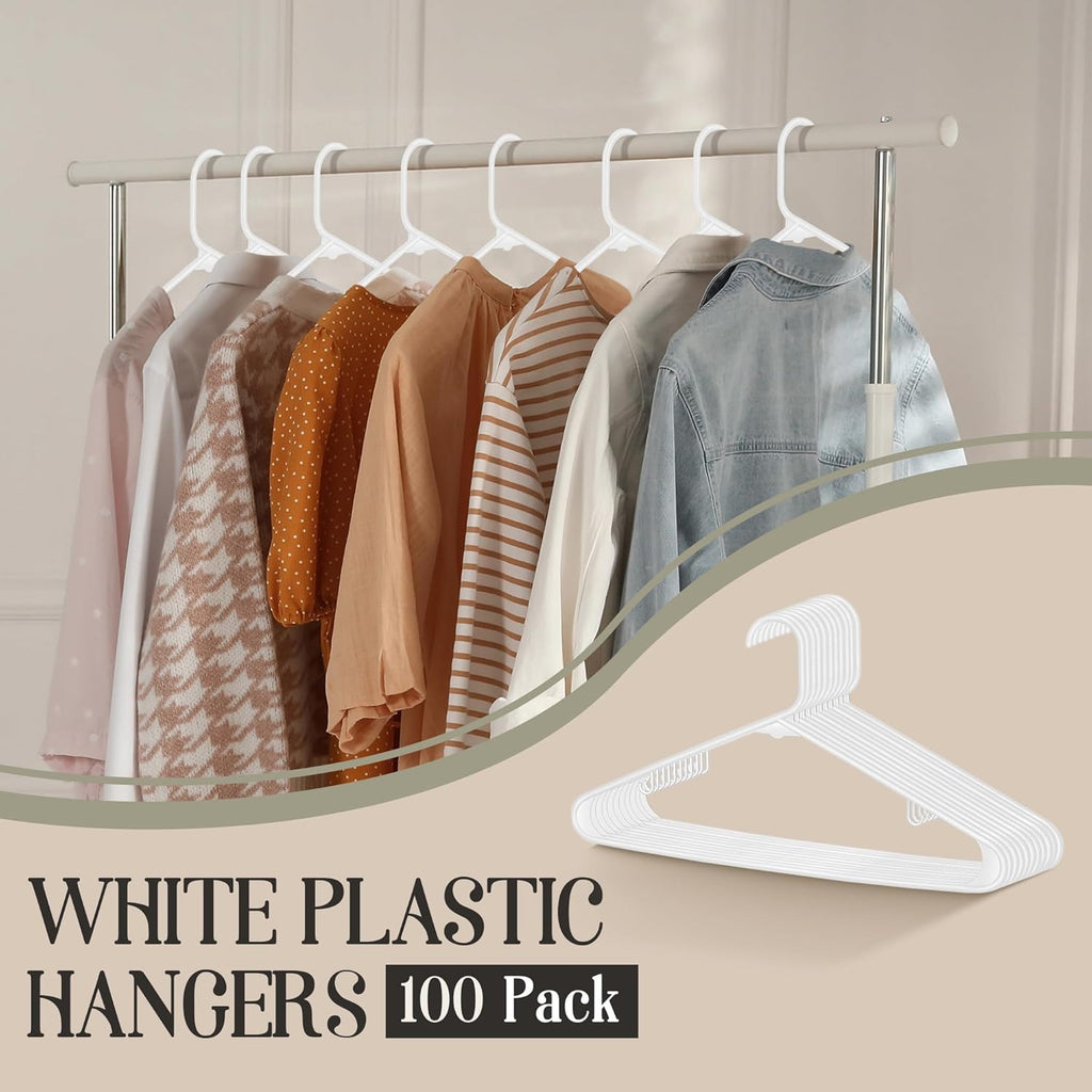 ZENY 100-Pack White Plastic Hangers - Durable Space-Saving Clothing Hangers for Organizing Clothes