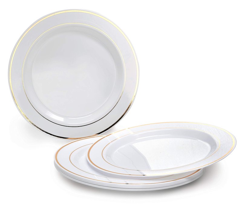 OCCASIONS 80 Plates Pack,(40 Guests) Heavyweight Premium Wedding Party Disposable Plastic Plates Set -40 x 10.5'' Dinner + 40 x 7.5'' Salad/Dessert (White & Gold Rim)