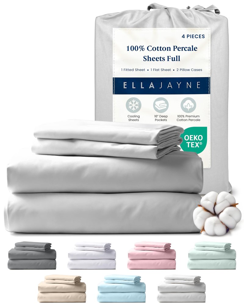 Ella Jayne Percale Sheets Full (4 Pieces) Permium 100% Cotton Percale TC300, Hotel Luxury Collection, Deep Pockets and Cooling Cotton Percale Sheets Full (Light Grey)