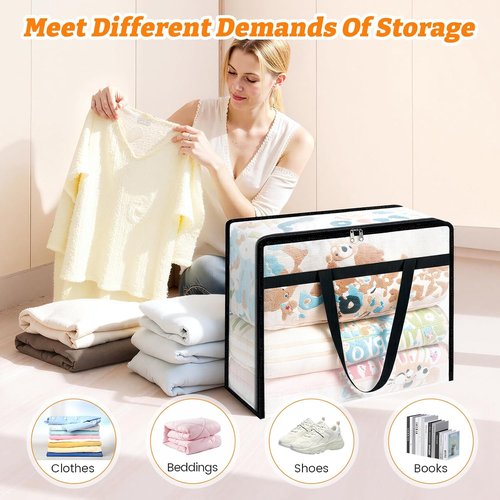 BlissTotes Clear Clothes Storage Bags - 4 Pack Foldable Under Bed Containers with Zipper & Handle (40L)
