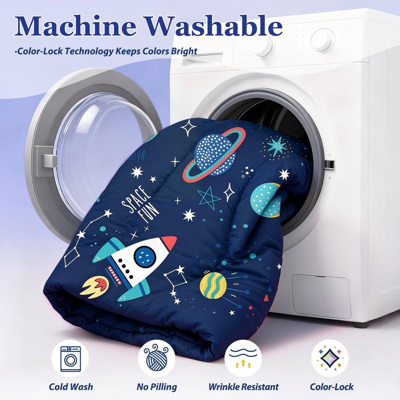 BQH Boys Twin Size Space Bedding Set - 7 Piece Rocket & Galaxy Comforter with Deep-Pocket Sheet, Whole-Piece Filling, Machine Washable Bed-in-a-Bag for Kids' Room Makeover & Gifts