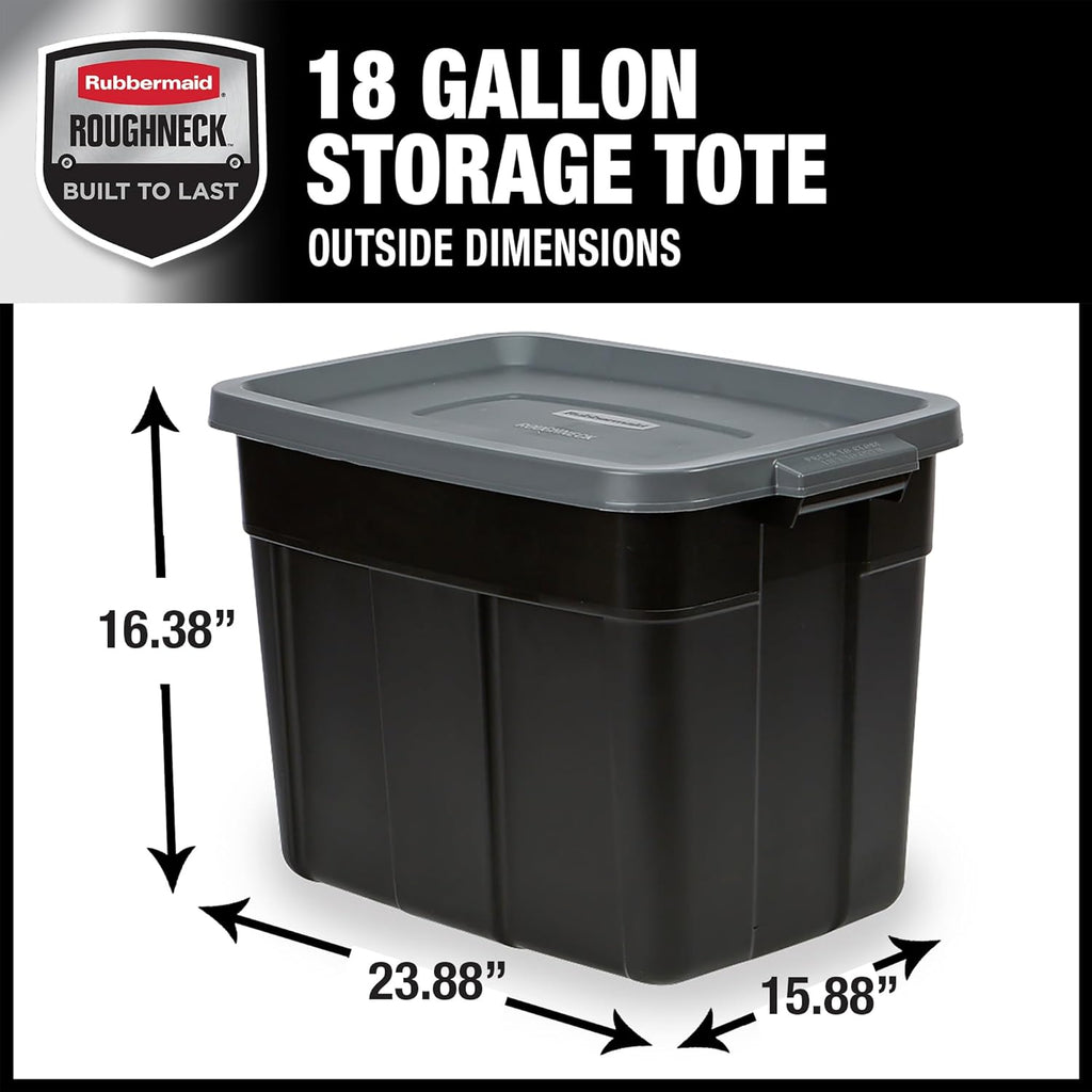 Rubbermaid 18 GAL Heavy-Duty Garage Storage Bins | Stackable Lids, Durable Plastic, Solid Black & Grey