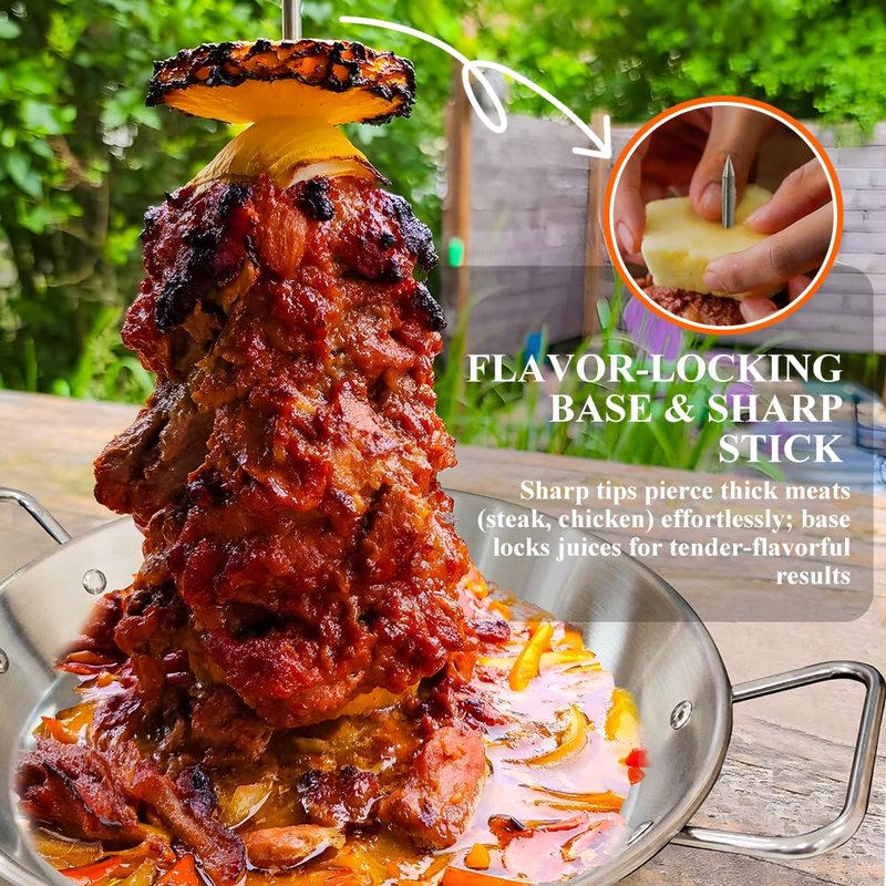Dallden Stainless Steel Vertical Skewer Spit Stand for Grill and Oven with 3 Removable Spikes (8/10/12 inch) - Al Pastor Shawarma Gyro Kebabs Kit Includes Brushes