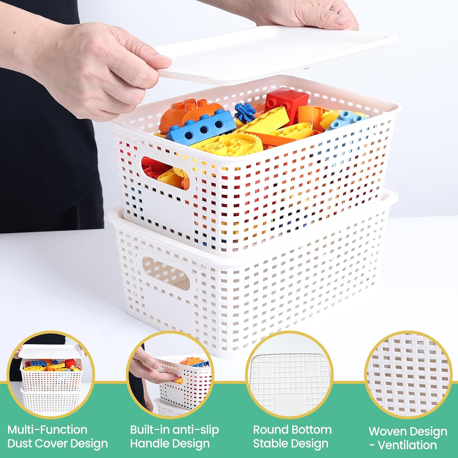 Plastic Storage Baskets with Lid - Stackable Organizing Bins for Home & Office | 8 Pack, White, 10.2x7.2x4.1 Inch