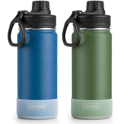 koodee Insulated Water Bottle 2 Pack-18 oz Stainless Steel Vacuum Metal Sports Water Bottle with Leakproof Spout Lid (Navy-Grass Green)