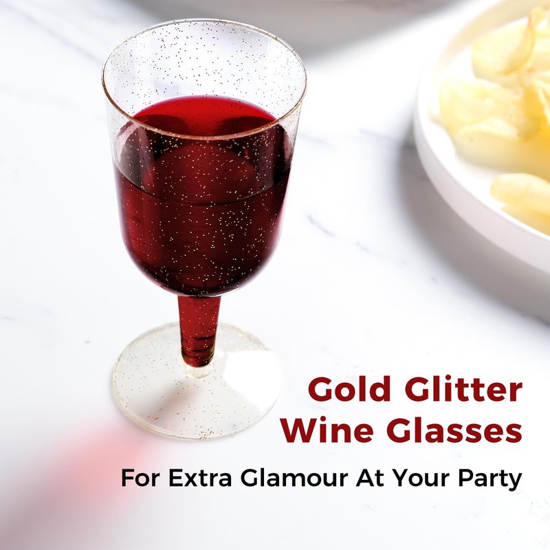 TENYASEN 30 Pack 6oz Plastic Wine Glasses – Disposable Gold Glitter Mini Stemware with Removable Base for Weddings, Parties, Champagne, Toasting