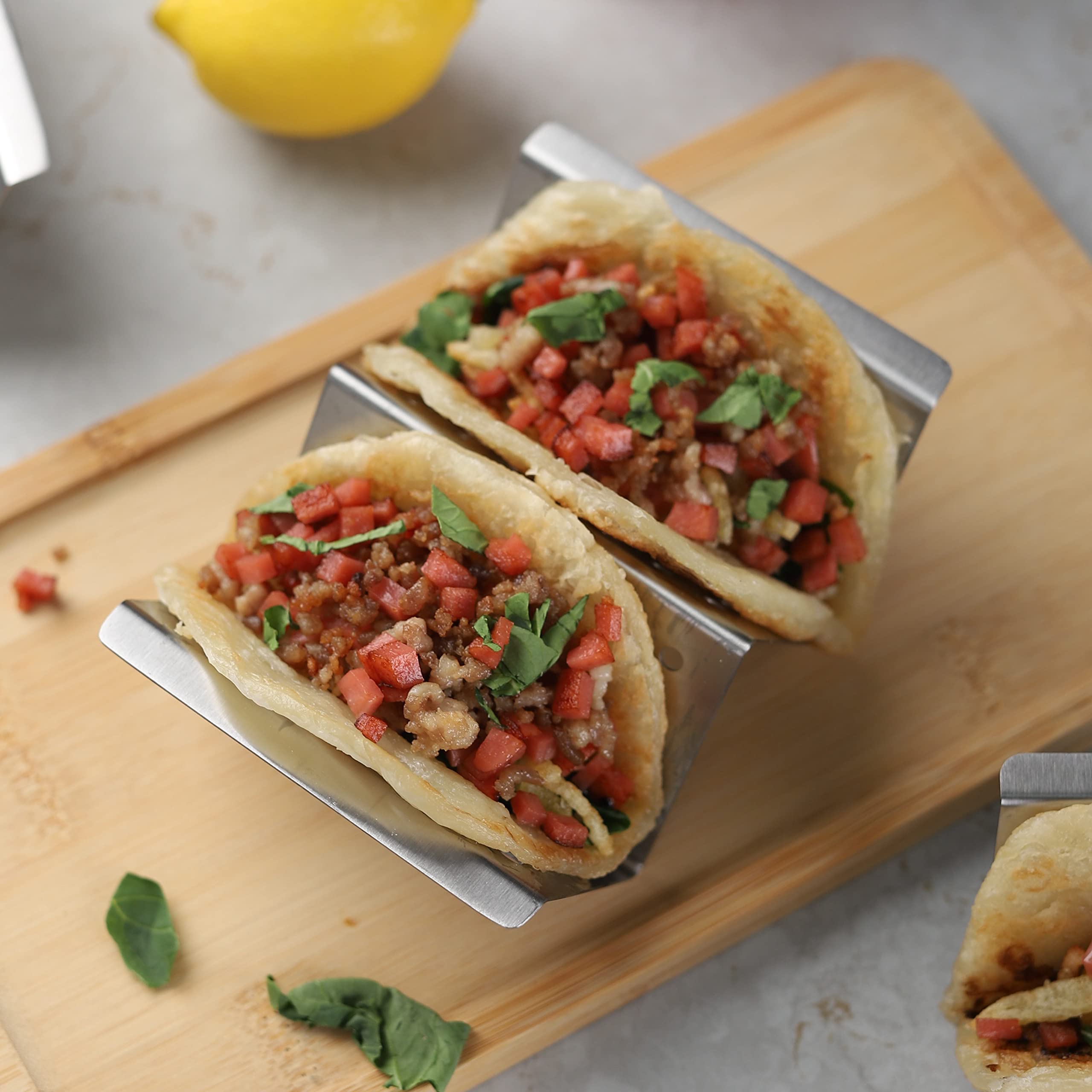 YellRin Stainless Steel Taco Holder Stands Set of 6 - Each Rack Holds 2 Soft & Hard Shell Tacos for Shell Holder, Tray, Oven, Grill