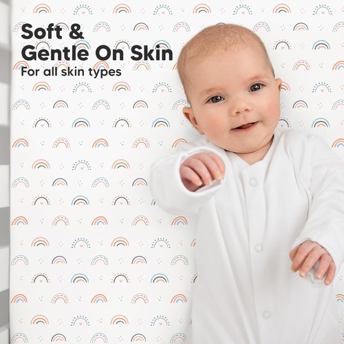 KeaBabies Organic Crib Sheets - 2-Pack Fitted Jersey Cotton for Baby Bed | Soft, Neutral Jolly Rainbow Prints, 52x28
