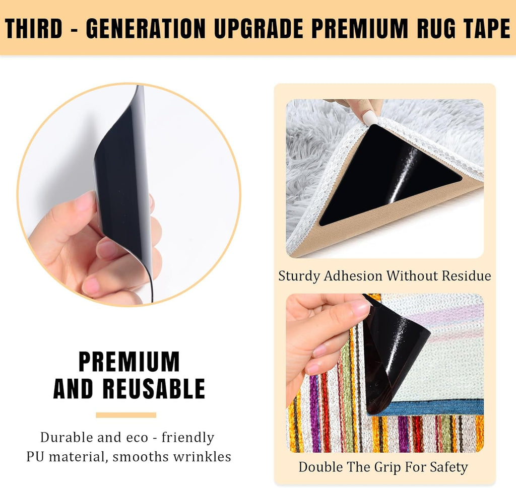 Premium 12Pcs Rug Tape by Skiennix - Non-Slip, Residue-Free Carpet Tape for Hardwood & Tile Floors (Black)