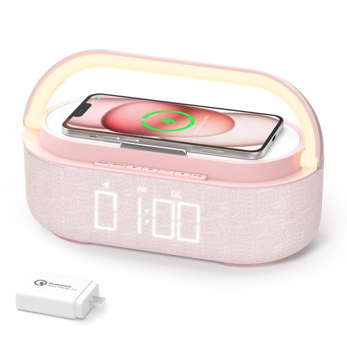 COLSUR Bluetooth Speaker Alarm Clock with Wireless Charger, FM Radio, Adjustable LED Night Light, 6 in 1 Bedroom Portable Speaker 2500mAh, Phone Stand for Bedside, Home, Office, Gift (Pink)