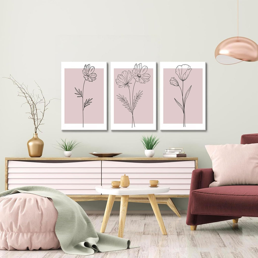 Pink Flower Market Wall Art Set of 3 - Aesthetic Canvas Prints for Bedroom & Girls' Room | Framed 12x16 Inch