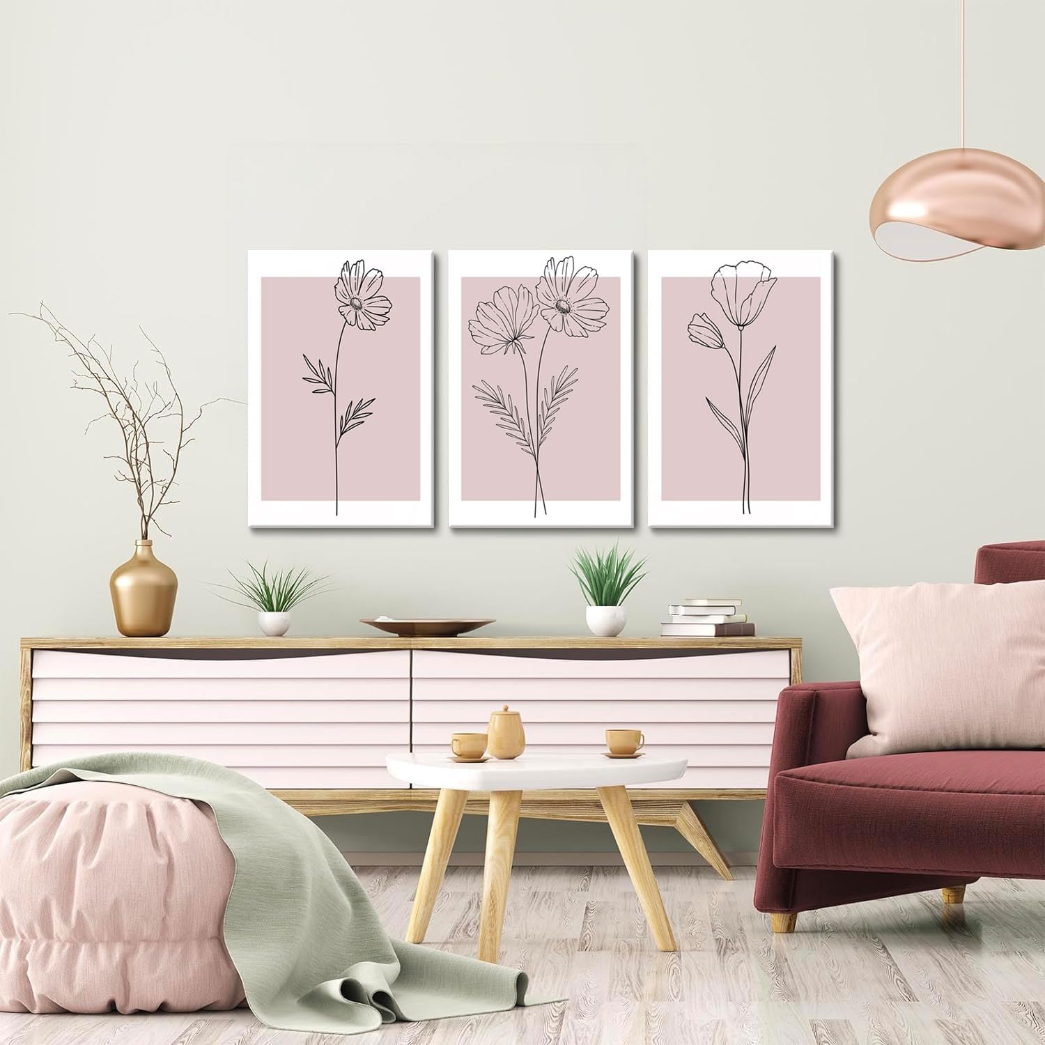 Pink Flower Market Wall Art Set of 3 - Aesthetic Canvas Prints for Bedroom & Girls' Room | Framed 12x16 Inch