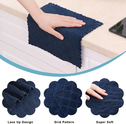 Homaxy Kitchen Dish Cloths - 12 Pack Super Soft & Absorbent Coral Velvet | 10x10 Inches, Navy Blue