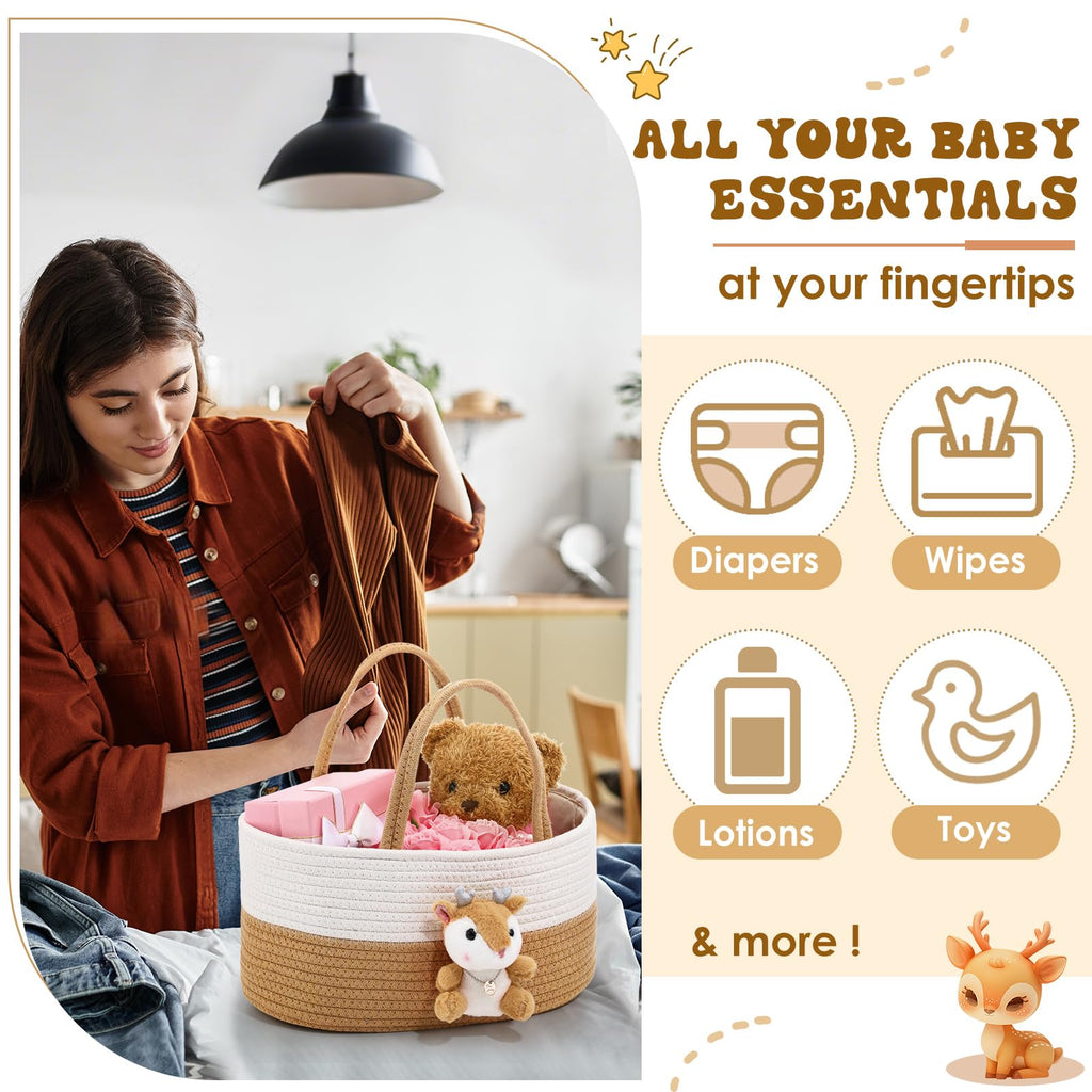 FoldTier Cute Deer Diaper Caddy Organizer Cotton Rope Woodland Nursery Storage Bin Basket Baby Shower Basket Gift Portable Holder Tote Bag with Handle for Changing Table Car Travel(L)
