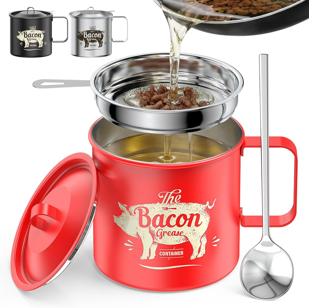 PGYARD Mini Bacon Grease Saver - 20 Oz Stainless Steel Oil Container | Dishwasher Safe Red Bacon Grease Keeper