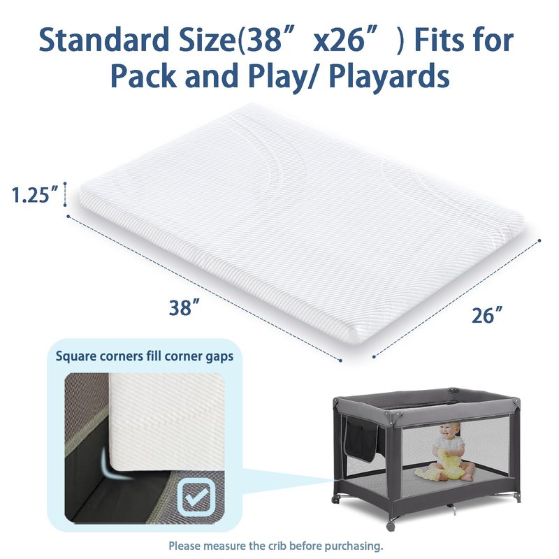 Ustenroya Pack and Play Mattress 38" x 26" x 1.25", Soft Breathable Playard & Pack N Play Mattresses with Washable Waterproof Cover for Baby ＆Toddler