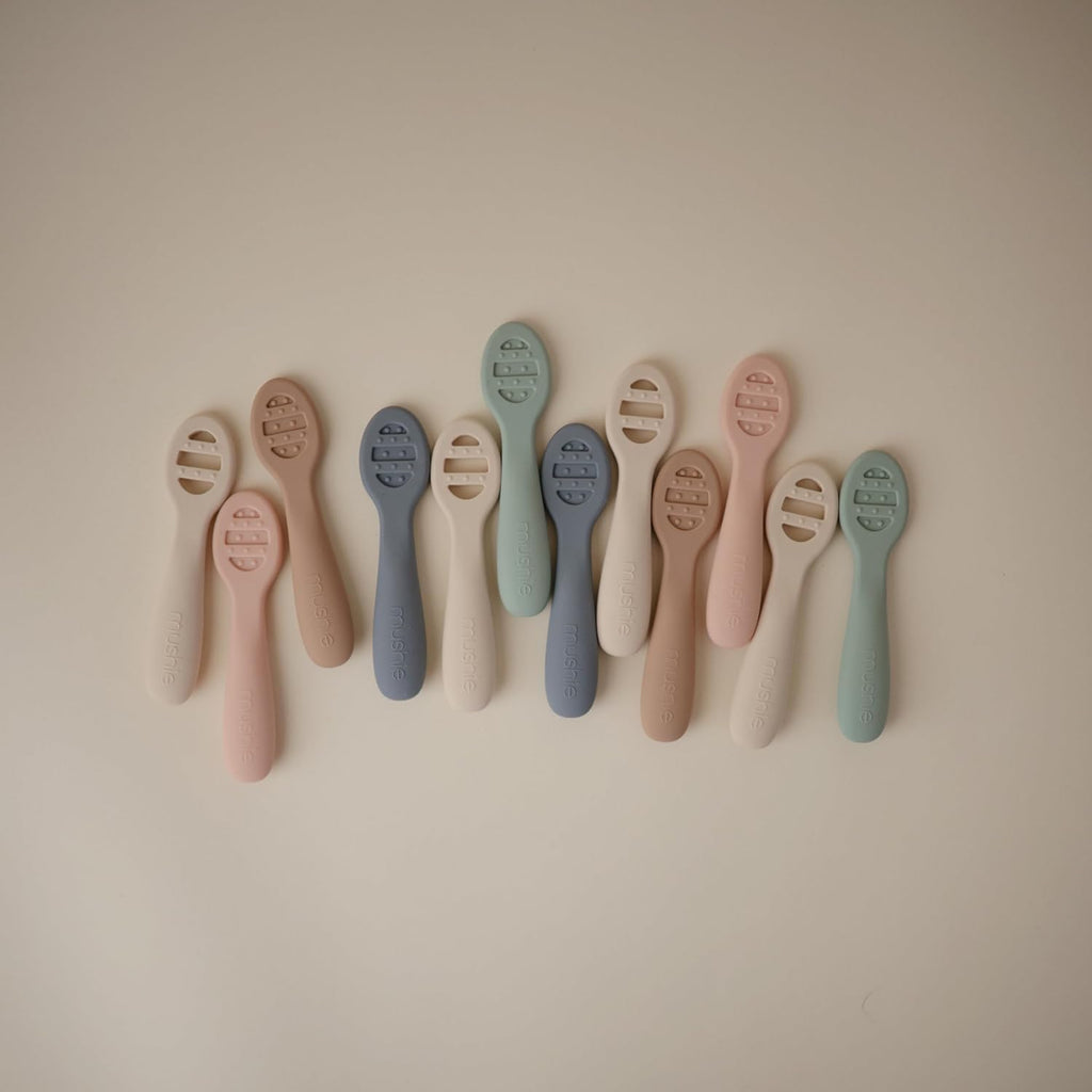 Mushie Silicone Baby Feeding Spoons - 2 Pack in Cambridge Blue & Shifting Sand