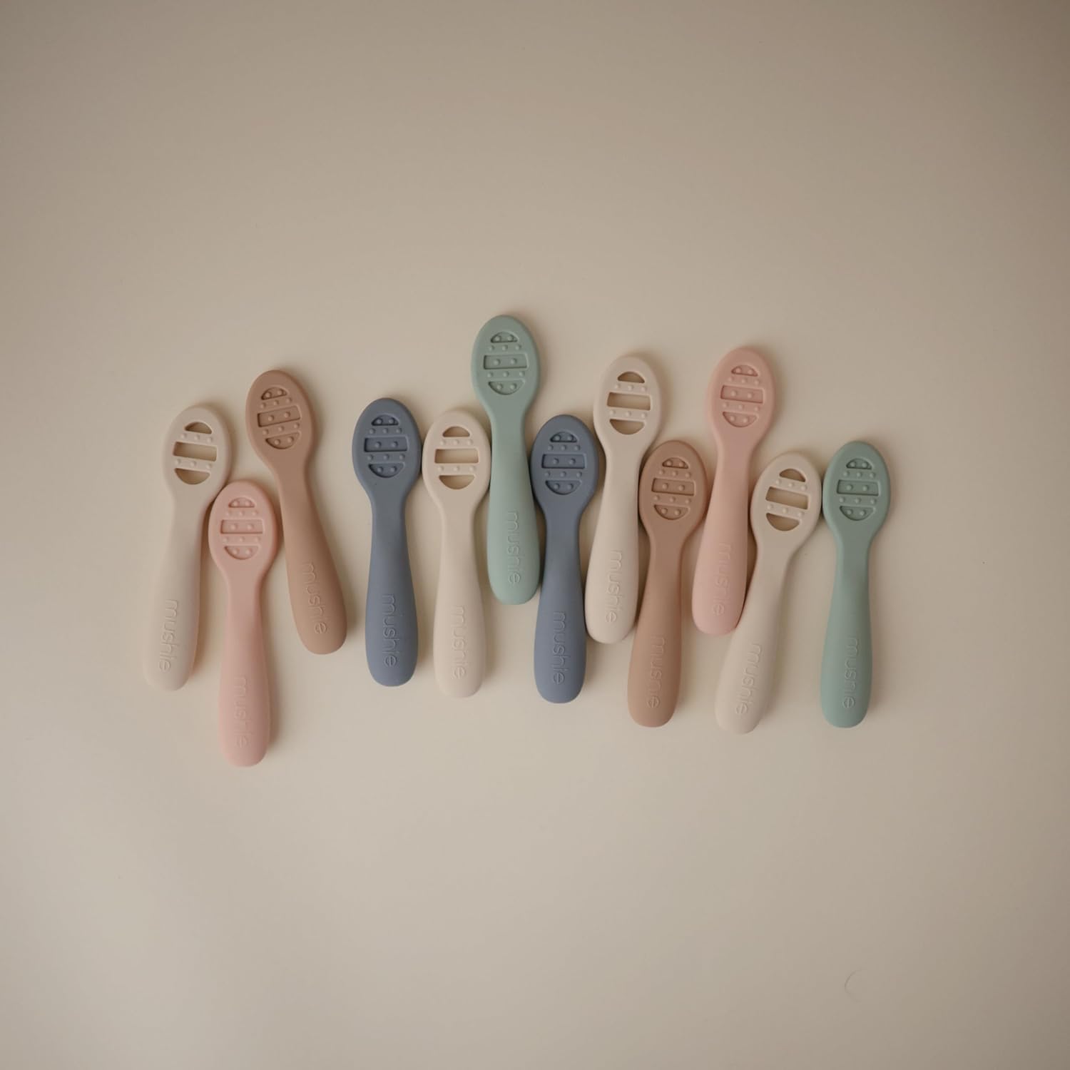 Mushie Silicone Baby Feeding Spoons - 2 Pack in Cambridge Blue & Shifting Sand